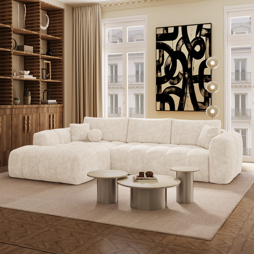 Premium Interiors - Linkshoekbank met slaapfunctie en opbergruimte SKY - gewaafd fluweel crème 310cm