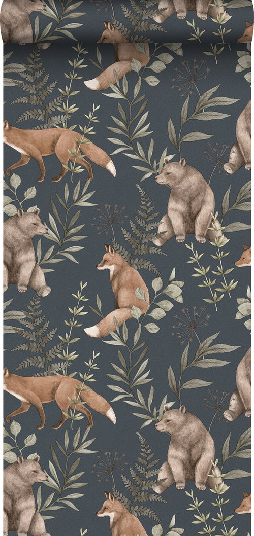 Borastapeter behang bos met bosdieren donkerblauw en bruin - 53 cm x 10.05 m - 660604 - vtwonen shop