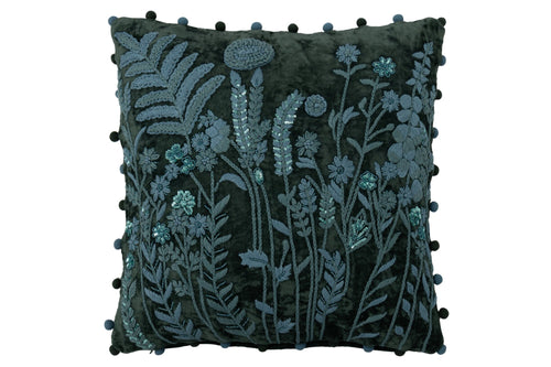 J-Line kussen Bladeren + Bloemen Vierkant - viscose - donkergroen/turquoise