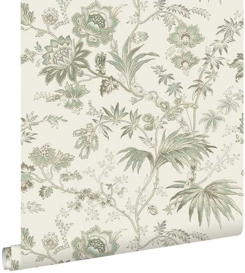ESTAhome behang vintage bloemen crème en vergrijsd groen - 53 cm x 10.05 m - 139400