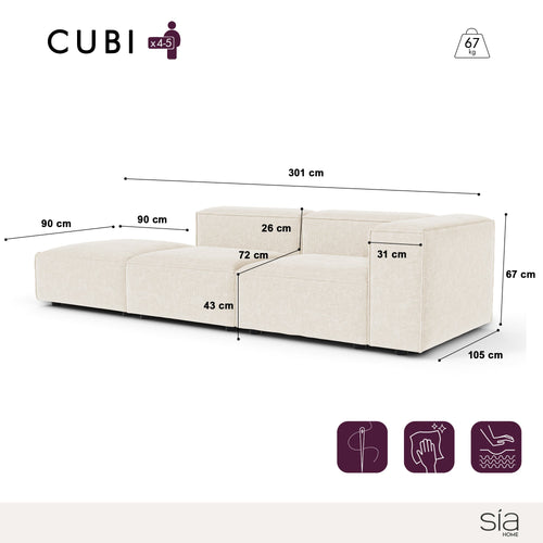 Sia Home - Modulaire bank CUBI - Chenille fluweel - Crème - 301cm