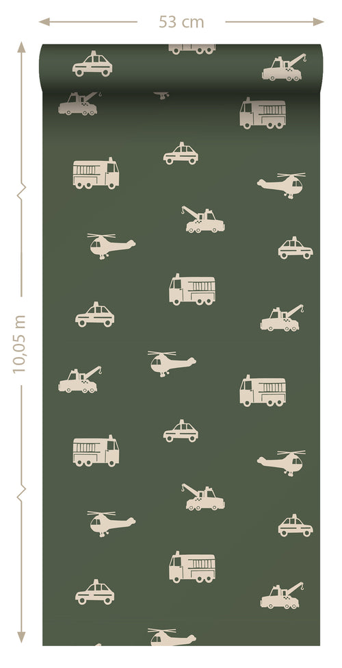 ESTAhome behang auto's, brandweerauto's, helikopters en kranen vergrijsd olijfgroen - 50 x 900 cm - 131455 - vtwonen shop