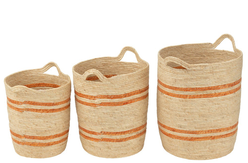 J-Line mand Strepen + Handvat  - textiel - naturel/oranje - set van 3