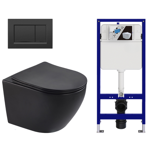 LOMAZOO hangtoiletset Linea - met inbouwreservoir & vierkante drukplaat - rond - zwart