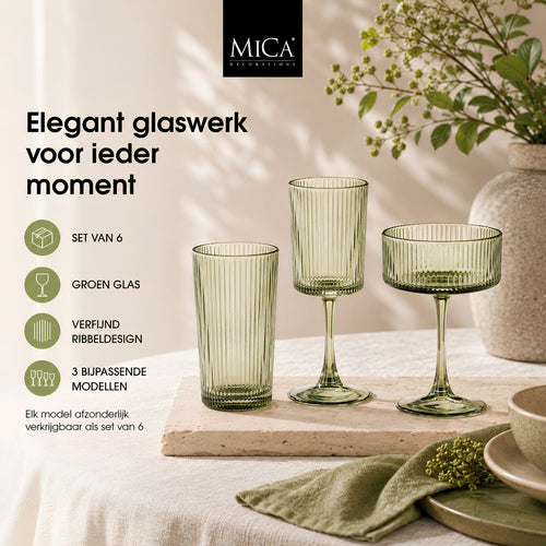 Mica Decorations Grigio Wijnglas Groen - Wijnglas met Subtiele Ribbelstructuur - Glazen Wijnglas voor Wijn, Water en Feestelijke Drankjes - Rond Model