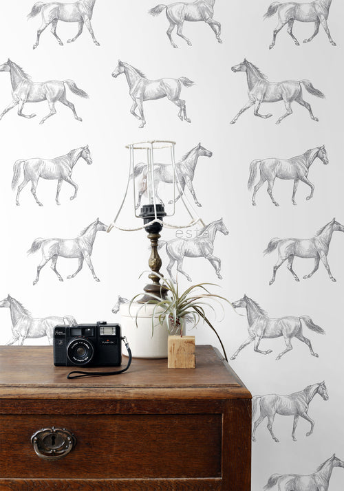 ESTAhome behang getekende paarden zwart op wit - 53 cm x 10.05 m - 128807
