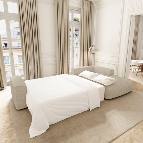 Premium Interiors - Rechthoekige hoekbank met slaapfunctie en opbergruimte COMO - bouclé-stof beige 297cm