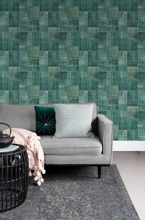 ESTAhome behang Marrakech kelim patchwork tapijt smaragdgroen - 53 cm x 10.05 m - 148652