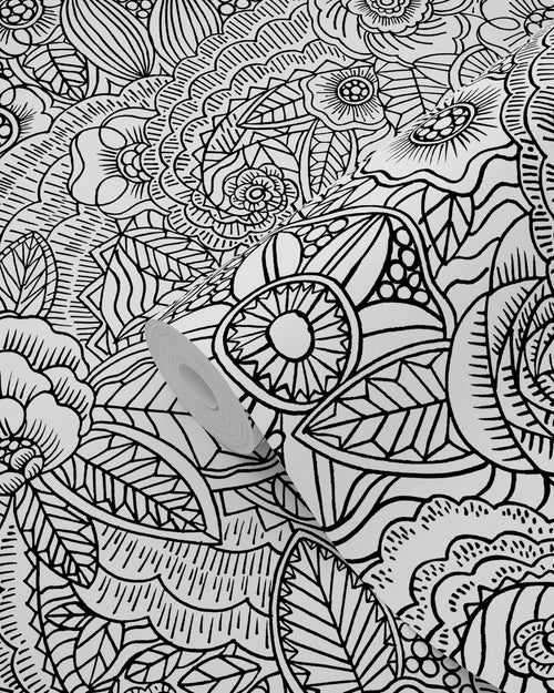 ESTAhome behang bloemtekeningen zwart en wit - 53 cm x 10,05 m - 148616