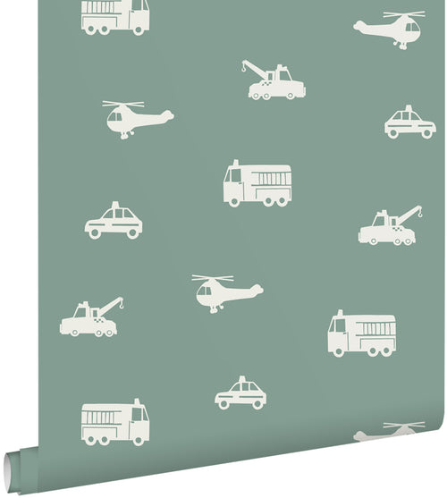 ESTAhome behang auto's, brandweerauto's, helikopters en kranen blauw 53 cm x 10.05 m 131398