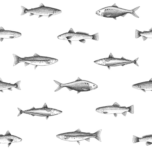 ESTAhome behang pentekening vissen wit en zwart - 53 cm x 10.05 m - 138967