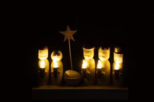 J-Line decoratie Kerststal - polyresin - goud/ecru - LED lichtjes