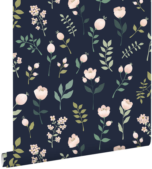 ESTAhome behang bloemen donkerblauw, roze en groen - 53 cm x 10.05 m - 139341