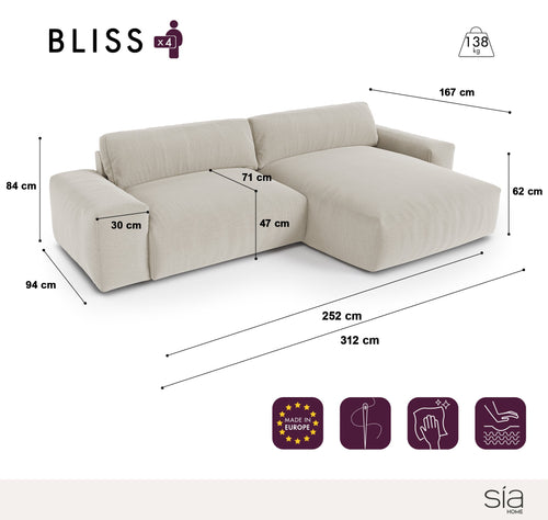 Sia Home - Rechthoekige hoekbank BLISS - xxl-corduroy mol 220cm