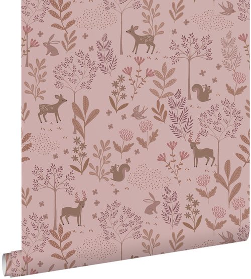 ESTAhome behang bos met bosdieren oudroze en paars - 50 x 900 cm - 131795