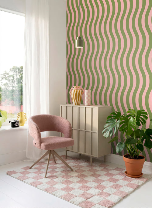 ESTAhome behang golvende strepen roze en groen - 0.53 x 10.05 m - 131610