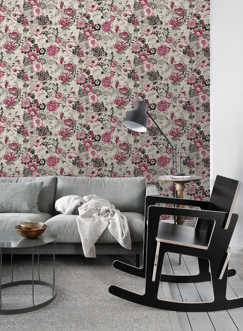 ESTAhome behang bloemen donker rood en beige - 53 cm x 10.05 m - 138505