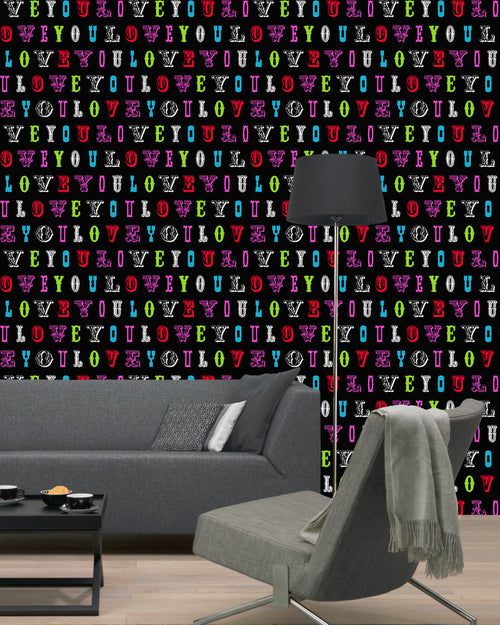 ESTAhome behang love you - quotes multicolor op zwart - 53 cm x 10.05 m - 136839