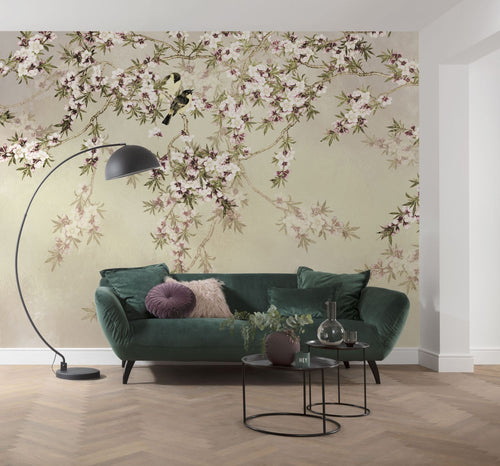 Komar fotobehang bloemen en vogels beige - 300 x 250 cm - 611198