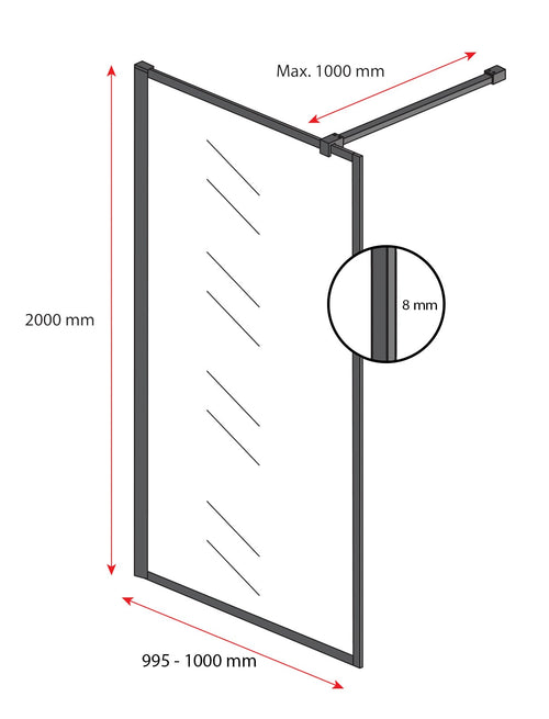Badplaats Douchewand Georgia 100 x 200 cm – Zwart – Inloopdouche 8 mm Veiligheidsglas