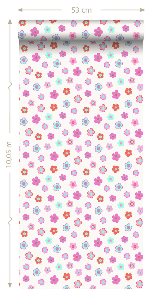 ESTAhome behang vintage bloemetjes roze, turquoise en koraal rood - 53 cm x 10.05 m - 138724
