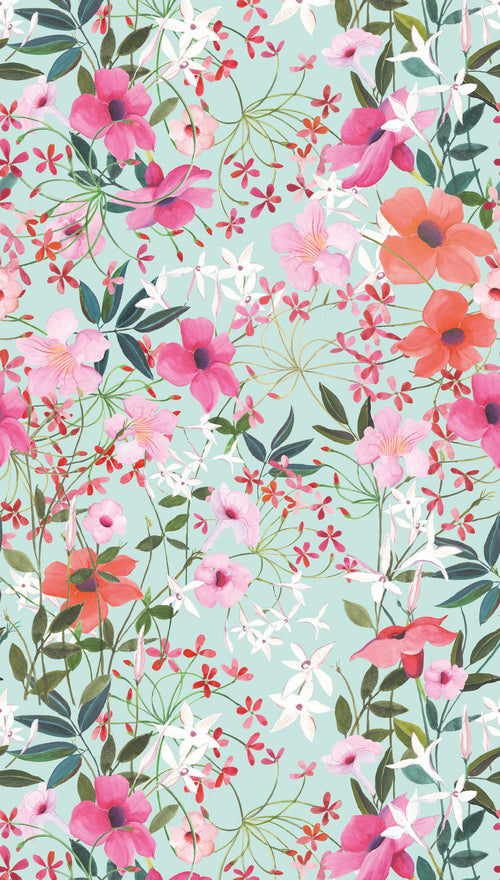 Livingwalls behang bloemen meerkleurig, turquoise, groen, roze en oranje - 159 x 280 cm - AS-391951