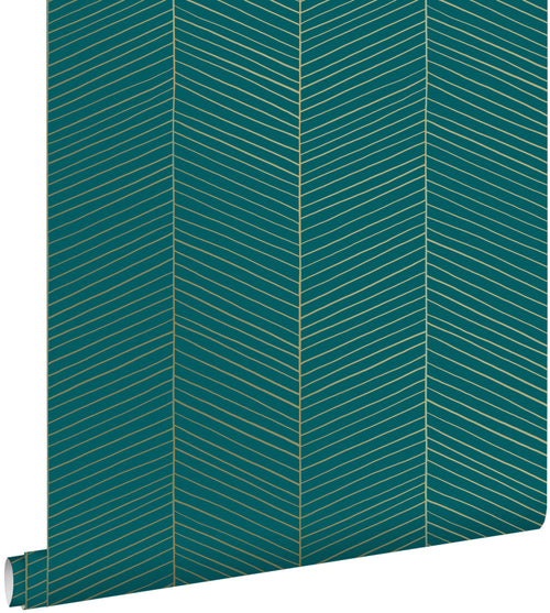 ESTAhome behang visgraat-motief smaragd groen en goud - 53 cm x 10.05 m - 139200
