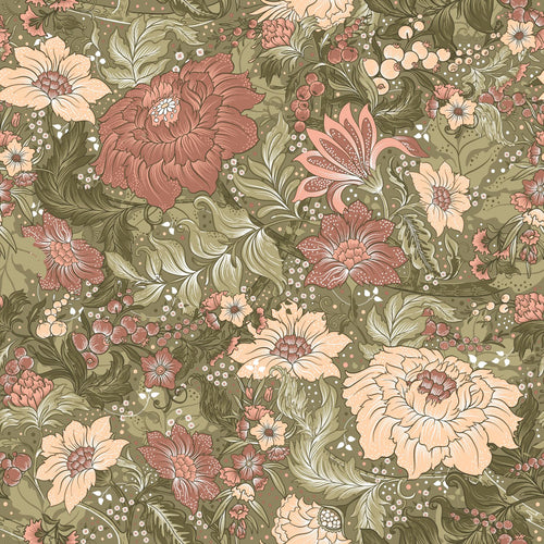 ESTAhome behang vintage bloemen groen en oudroze - 50 x 900 cm - 131196