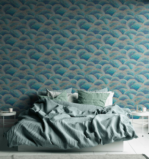 Livingwalls behang art deco bogen blauw, turquoise, goud en grijs - 53 cm x 10.05 m - AS-391051