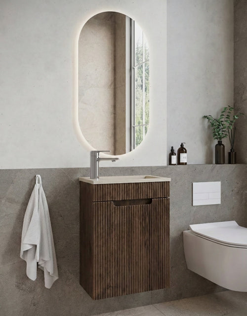 Badplaats Toiletmeubel Thermis 40 x 22 cm – Walnoot Bruin – Fonteinmeubel met Beige Wastafel