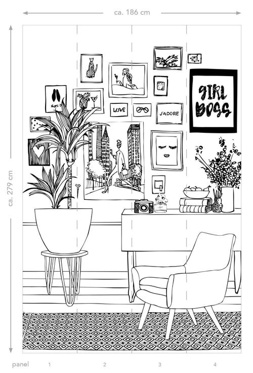 ESTAhome fotobehang tekening woonkamer zwart wit - 186 x 279 cm - 158813 - vtwonen shop