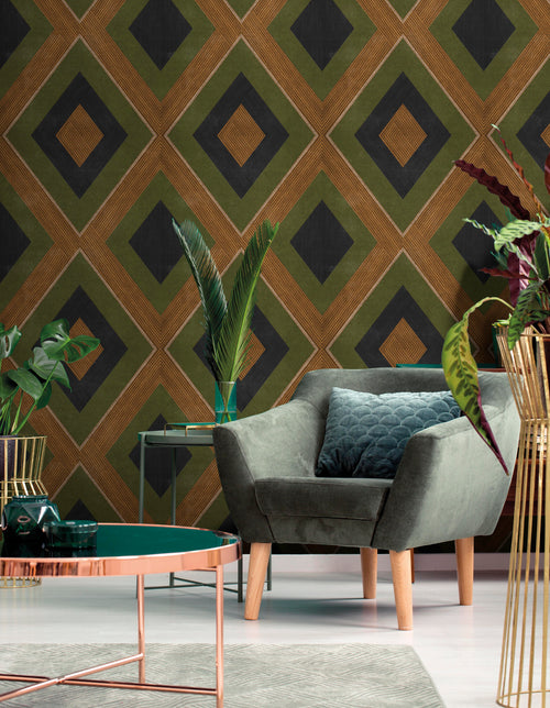 Sanders & Sanders behang geometrische vormen vergrijsd olijfgroen en bruin - 53 cm x 10 m - 640552 - vtwonen shop