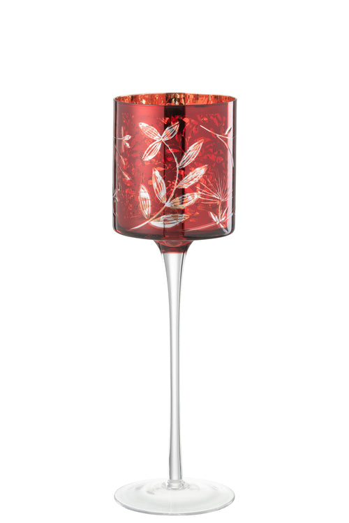 J-Line theelichthouder Op Voet Blaadjes - glas - rood/goud - large