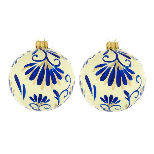 Dagmara kerstbal – glas – set van 2 – met saffierblauwe florale motieven - vtwonen shop