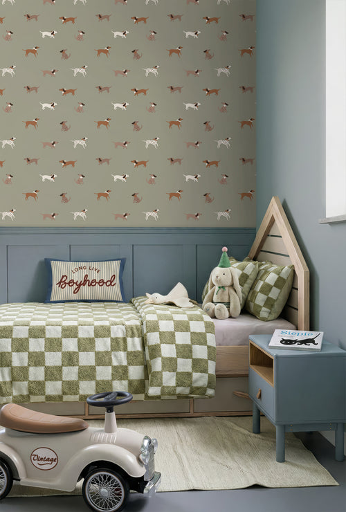 ESTAhome behang honden groen en bruin - 50 x 900 cm - 131382