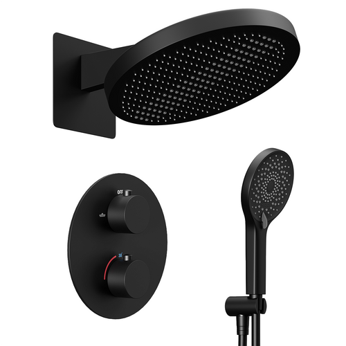 LOMAZOO inbouwdoucheset Caesar - met thermostaatkraan & ronde handdouche - mat zwart - 30 cm