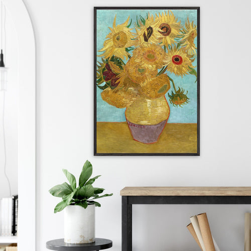 Poster met Lijst Vincent van Gogh - Vaas met twaalf zonnebloemen   - 70x100 cm - Blauw