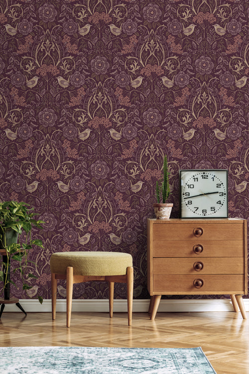 ESTAhome behang bloemen en vogels aubergine paars - 50 x 900 cm - 131635 - vtwonen shop