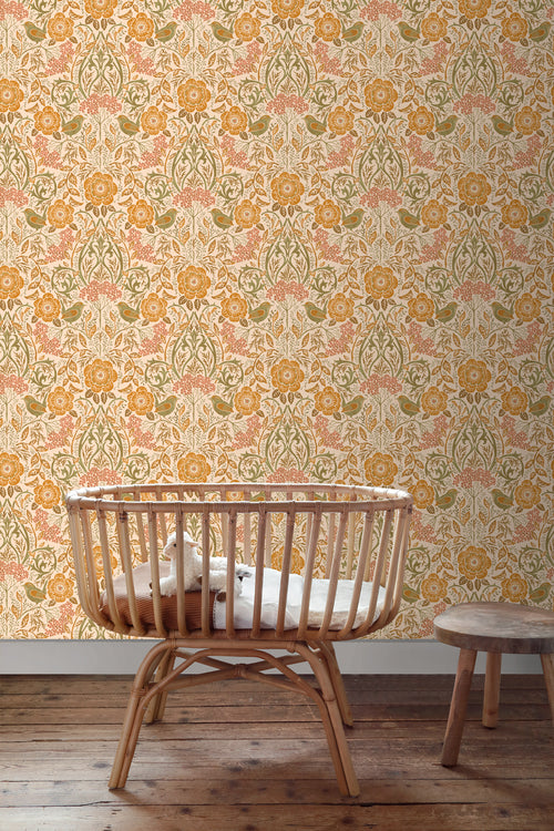 ESTAhome behang bloemen en vogels in art nouveau stijl oranje en groen - 50 x 900 cm - 131696