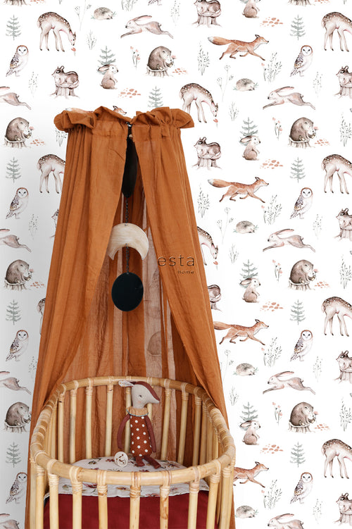 ESTAhome behang vintage bosdieren wit, oranje en bruin - 53 cm x 10.05 m - 139399