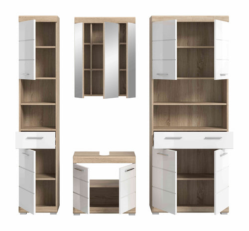 Furnilux Badkamercombinatie Lambada Met Hoge Kast Eik/Wit Hoogglans 186 Cm 4-Delig