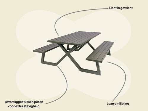 MaximaVida luxe aluminium picknicktafel Dex 200 cm olijfgroen met exclusieve omlijsting