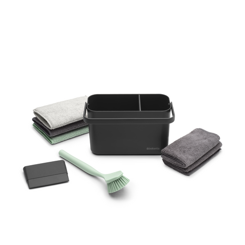 Brabantia SinkSide Schoonmaakset: schoonmaakbakje, bordenschraper, afwasborstel, microvezel sponsdoekjes en schoonmaakdoekjes - Dark Grey