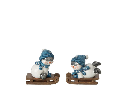J-Line figuur Sneeuwman Slee - polyresin - wit/blauw - 2 stuks