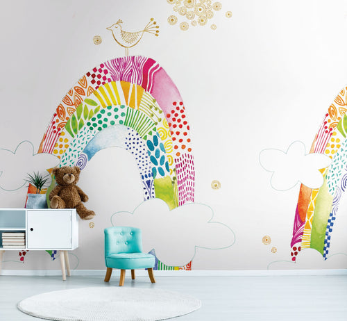 Livingwalls fotobehang regenboog meerkleurig, wit, roze, geel en lila paars - 265 x 280 cm - AS-392151