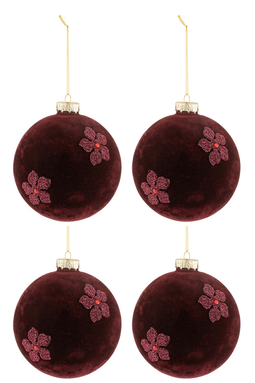 J-Line kerstbal Bloemen - fluweel/glas - burgundy - large - doos van 4