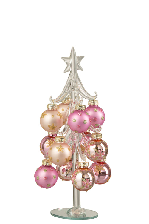 J-Line decoratie kerstboom + Ballen - glas - roze/transparant - small
