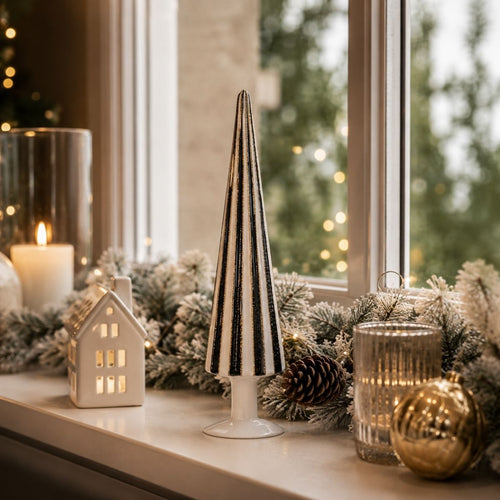 Mica Decorations Kerstboom Kegel H39 x Ø9 cm - Kerstboom Kerstversiering - Zwart/Wit Gestreepte Decoratie Boom - Sierboom met Gouden Details -