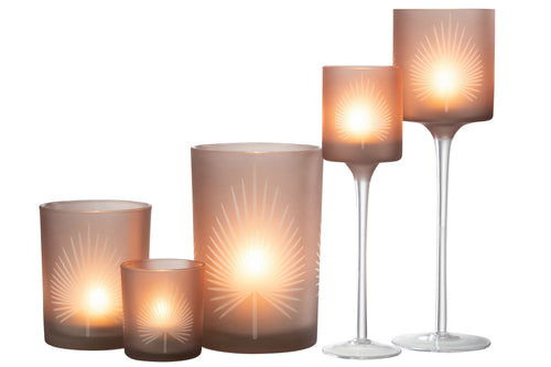 J-Line theelichthouder Op Voet Palmblad - glas - beige - large