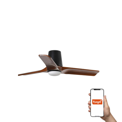 Faro Heywood Tub Kleine plafondventilator met 3 bladen, matzwart, walnoot met licht, 2700 - 4000 - 6000K, Tuya Smart System